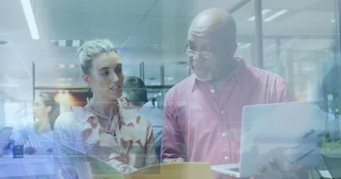 Image of statistical data processing over diverse man and woman discussing at Foto stock
