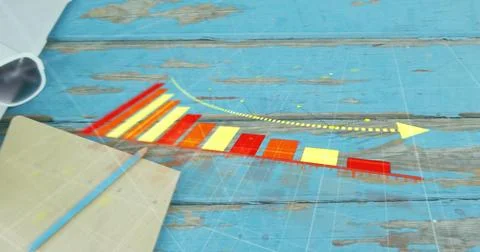 Image of statistical data processing over sunglasses, diary, laptop, coffee cup Stockfoto's