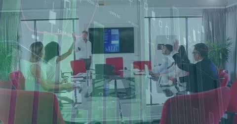 Image of statistical data processing over caucasian man giving a presentati.. Stock Photos