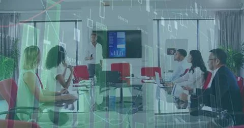 Image of statistical data processing over caucasian man giving a presentati.. Foto stock