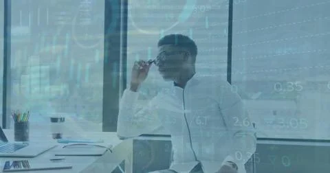 Image of statistical data processing over thoughtful african american man a.. 스톡 사진