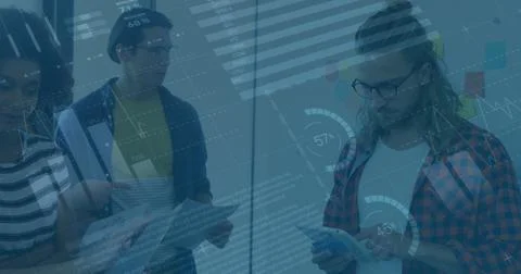 Image of statistical data processing over diverse colleagues with documents.. Stock Photos