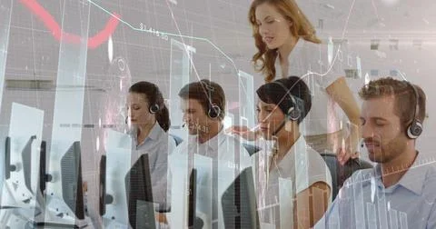 Image of statistical data processing over diverse customer care executives .. Stock Photos
