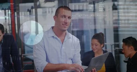 Image of statistical data processing over portrait of caucasian man using l.. 스톡 사진
