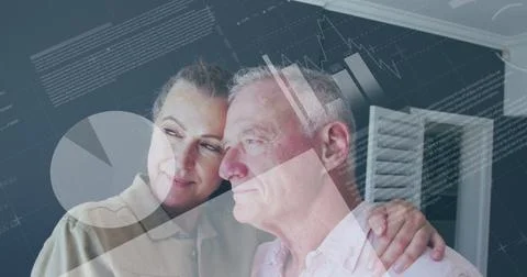 Image of statistical data processing over caucasian senior couple embracing.. Fotos Stock