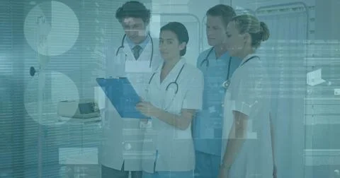 Image of statistical data processing over team of diverse doctors discussin.. 库存照片