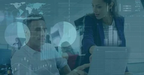 Image of statistical data processing over diverse man and woman discussing .. Stock Photos