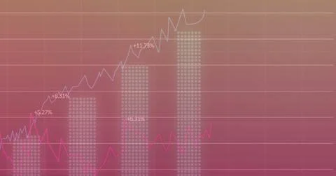 Image of statistical data processing over grid network against pink gradient Foto stock