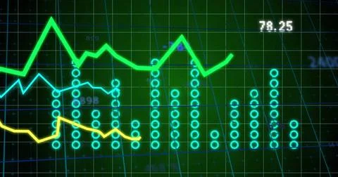 Image of statistical data processing over grid network against green background Stock Photos