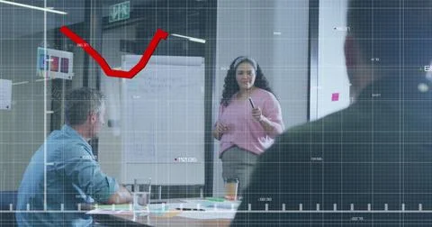 Image of statistical data processing over biracial woman giving a presentation Stock Photos