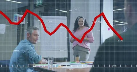 Image of statistical data processing over biracial woman giving a presentation Stock Photos