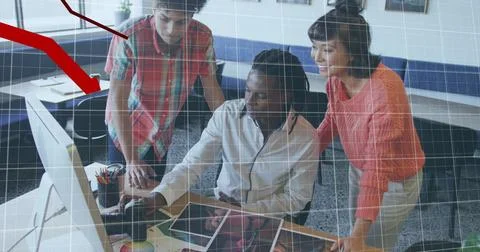 Image of statistical data processing over group of colleagues discussing Stockfoto's