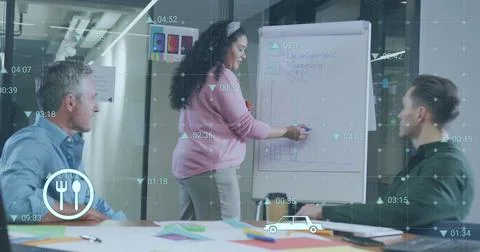 Image of statistical data processing over biracial woman giving a presentation Stock Photos