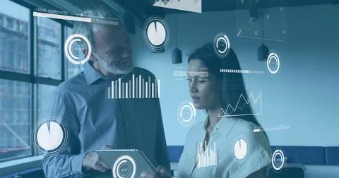 Image of statistical data processing over diverse man and woman discussing over 写真素材