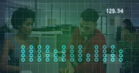 Image of statistical data processing over diverse man and woman discussing over Stockfoto's