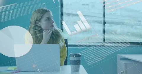 Image of statistical data processing over thoughtful caucasian woman taking 库存照片