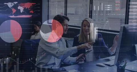 Image of statistical data processing over diverse man woman discussing over a 스톡 사진