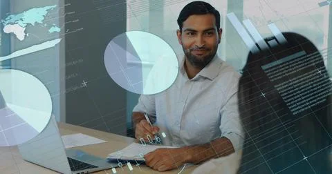 Image of statistical data processing over asian man taking notes talking to a Stock Photos