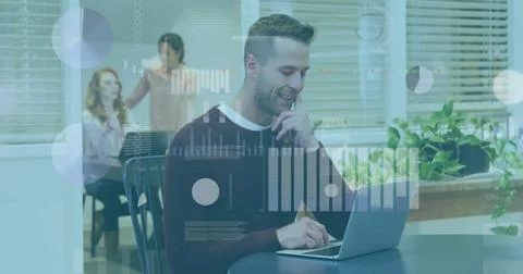 Image of statistical data processing over thoughtful caucasian man using laptop Stock Photos