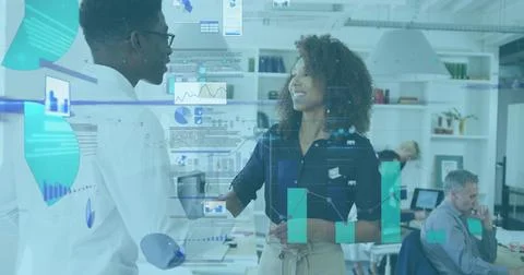 Image of statistical data processing over african american man and woman shaking Foto stock