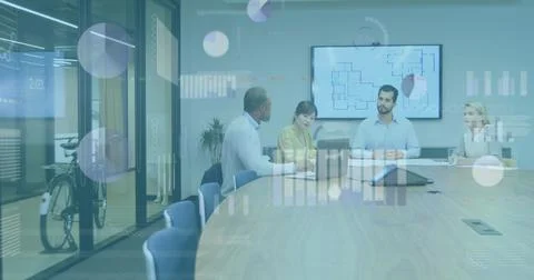 Image of statistical data processing over diverse colleagues discussing together Foto stock