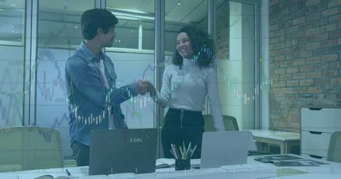 Image of statistical data processing over diverse man and woman discussing over Stock Photos