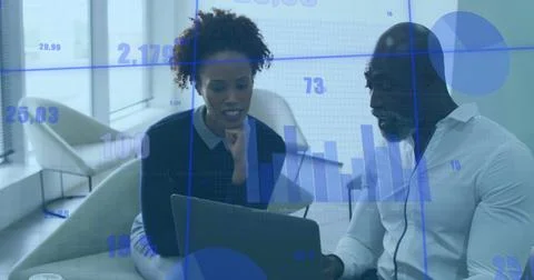 Image of statistical data processing over african american man and woman Stock Photos