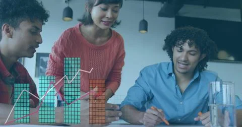 Image of statistical data processing over diverse colleagues discussing over Stock Photos
