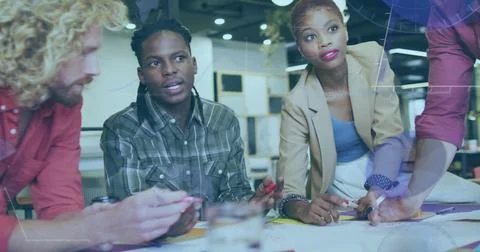 Image of statistical data processing over diverse colleagues discussing over Stockfoto's