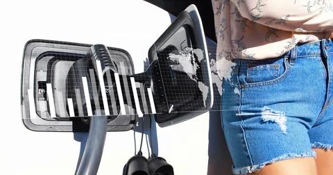 Image of statistical data processing over mid section of woman waiting while her 스톡 사진