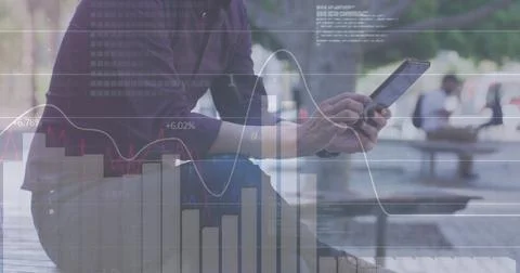 Image of statistical data processing over mid section of a man using tablet on Stock Photos
