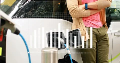 Image of statistical data processing over mid section of man waiting while his 库存照片