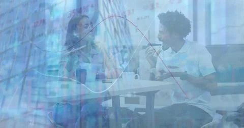 Image of statistical data processing over diverse man and woman having lunch Stock Photos
