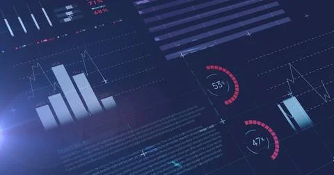Image of statistical data processing over light spot against blue background Stockfoto's