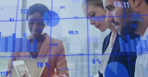 Image of statistical data processing over caucasian man using laptop at office 스톡 사진