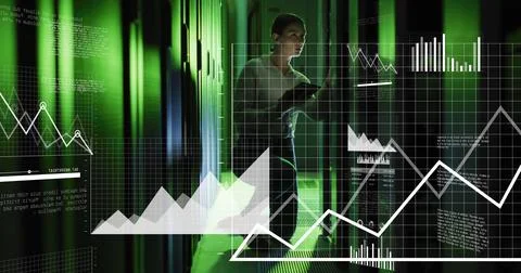 Image of statistical data processing over caucasian female engineer using tablet Stock Photos
