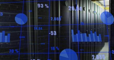 Image of statistical data processing over grid network against computer server Stock Photos