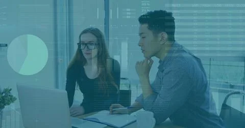 Image of statistical data processing over diverse man and woman discussing over Stock Photos