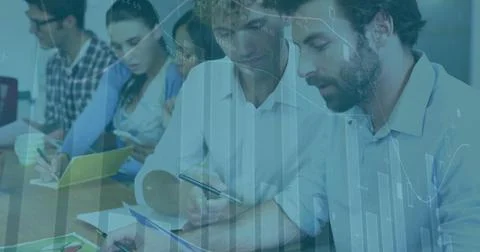 Image of statistical data processing over two diverse men discussing over Stockfoto's