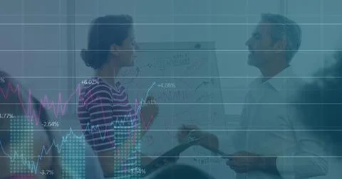 Image of statistical data processing over diverse man and woman discussing at 스톡 사진
