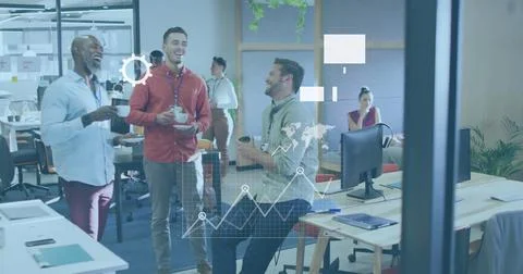 Image of statistical data processing over diverse men discussing while having 스톡 사진