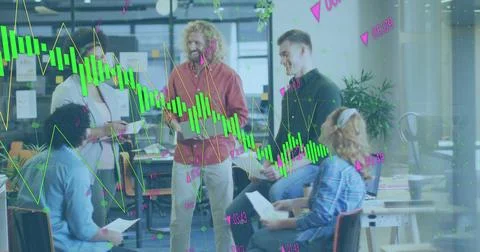 Image of statistical data processing over diverse colleagues with documents Foto stock