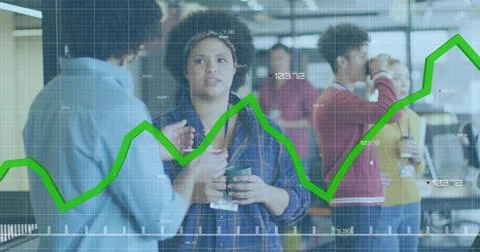 Image of statistical data processing over diverse man and woman with coffee Stock Photos