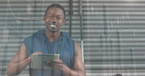 Image of statistical data processing over african american fit man using digital Stock Photos