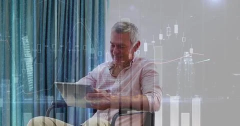 Image of statistical data processing over caucasian man using tablet sitting on Stock Photos