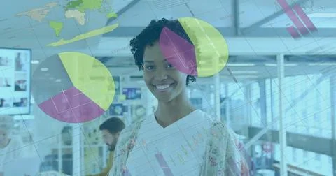 Image of statistical data processing over portrait of african american woman Stockfoto's