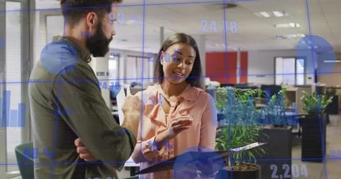 Image of statistical data processing over diverse man and woman discussing over 库存照片
