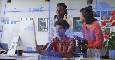 Image of statistical data processing over diverse colleagues discussing over 스톡 사진