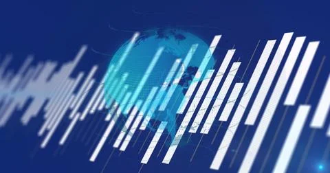 Image of statistical data processing over spinning globe against blue background Stock Photos