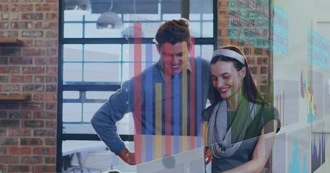 Image of statistical data processing over diverse man and woman discussing over 스톡 사진